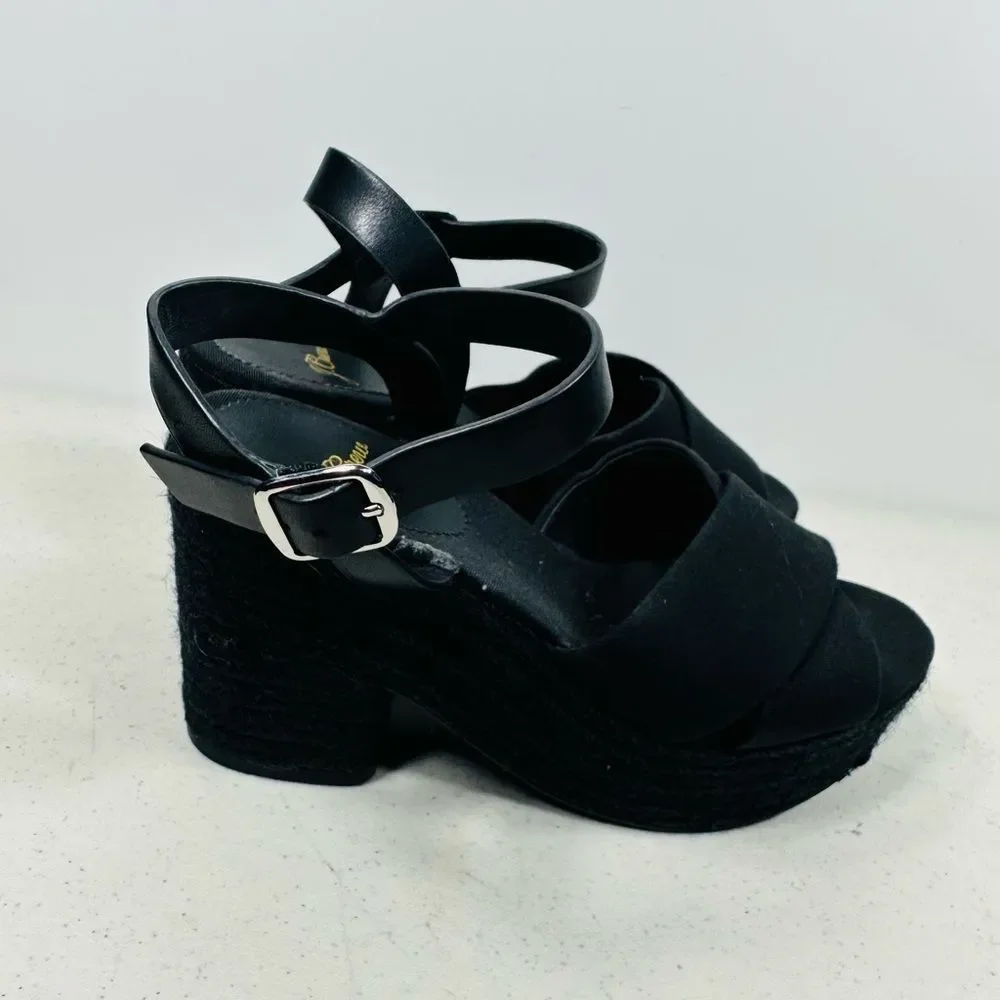 J Crew Women's Sandal Size 6 Block Heel Platfrom Black Espadrille Ankle Strap